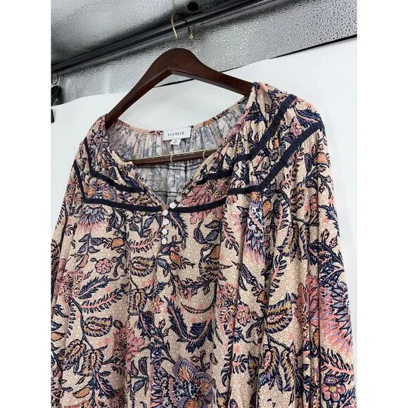 Evereve Womens Medium Floral Boho Billowy Blouse Rayon Puff Sleeves Cottage - Picture 5 of 7